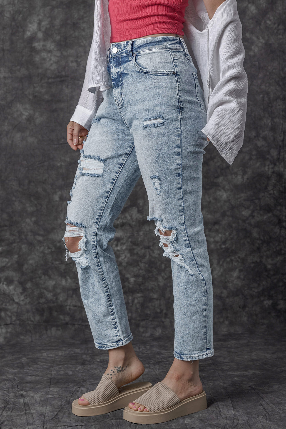 Sky Blue Light Wash Frayed Slim Fit High Waist Jeans - Aaria Tees