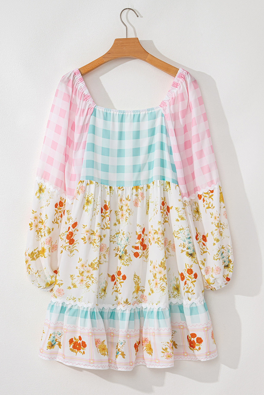 Pink Ric Rac Plaid Floral Print Patchwork Bubble Sleeve Dress Aaria Tees