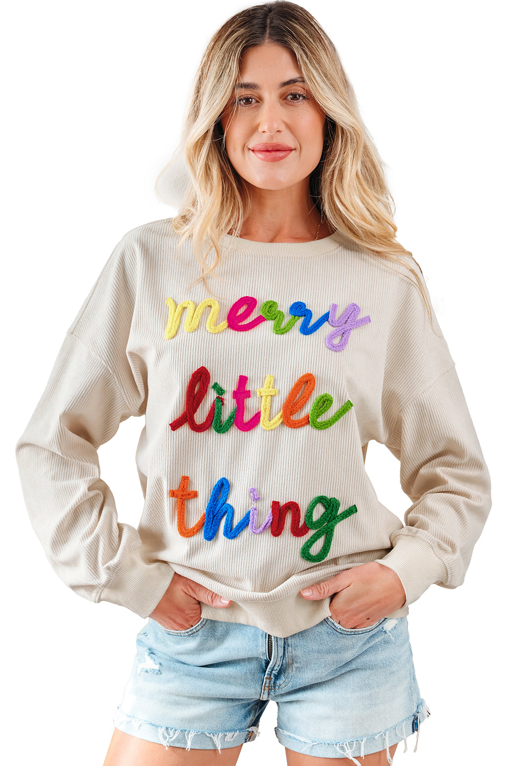 Beige merry little thing Corded Letter Graphic Ribbed Loose Sweatshirt