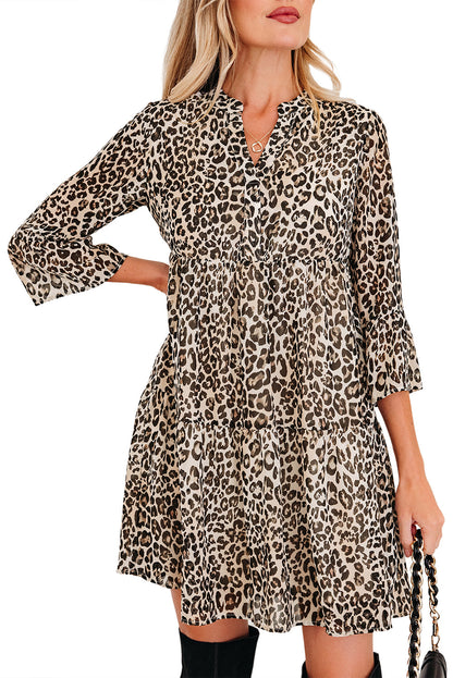 Leopard 3/4 Sleeve V-Neck Dress
