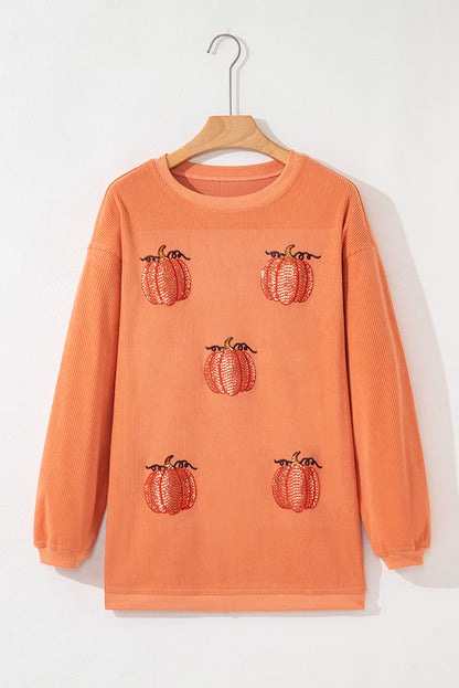 Orange Sequin Pumpkin Patched Twisted Rib Baggy Sweatshirt