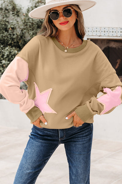 Star Patchwork Reverse Seam Drop Shoulder Sweatshirt