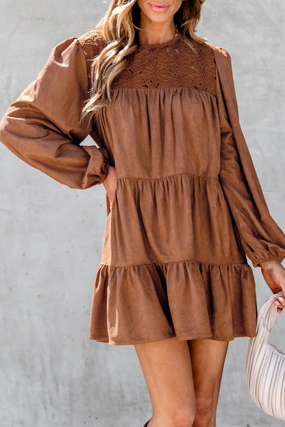 Chestnut Floral Lace Crochet Tiered Ruffled Mini Dress Aaria Tees
