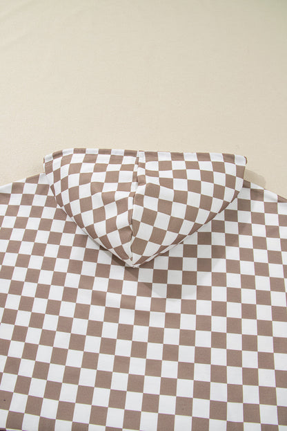 Khaki Double Checkered Patchwork Tie Neck Oversize Hoodie