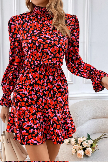 Red Valentines Day Heart Shape Print Long Sleeve Mini Dress Aaria Tees