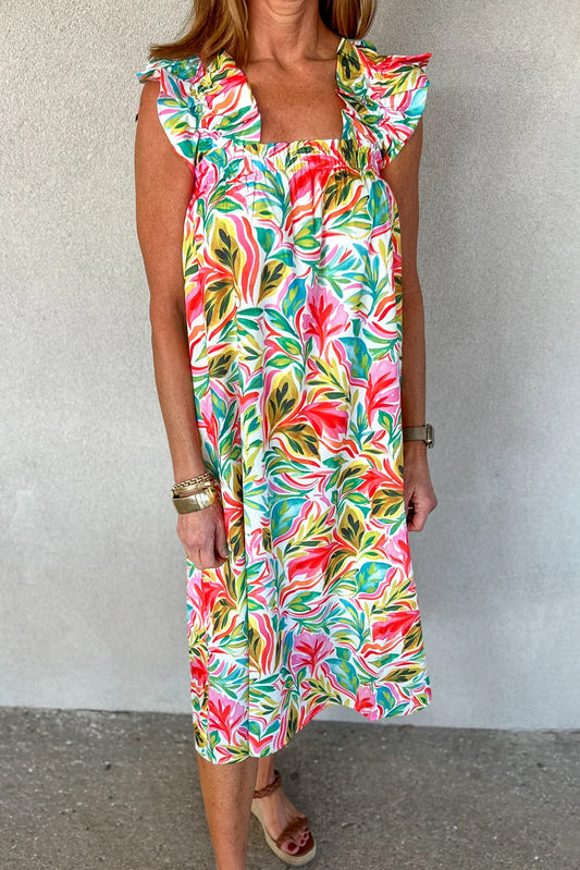 White Floral Print Ruffled Sleeveless Midi Dress Aaria Tees