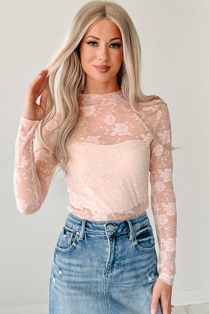 Apricot Pink Sheer Floral Lace Mesh Mock Neck Long Sleeve Top