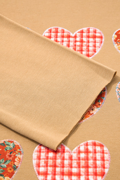 Straw Yellow Plaid Floral Heart Stitched Exposed Seam Mineral Wash Sweatshirt