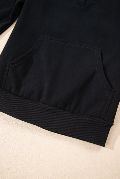 Black Button Drawstring Hooded Pullover and Casual Short Set