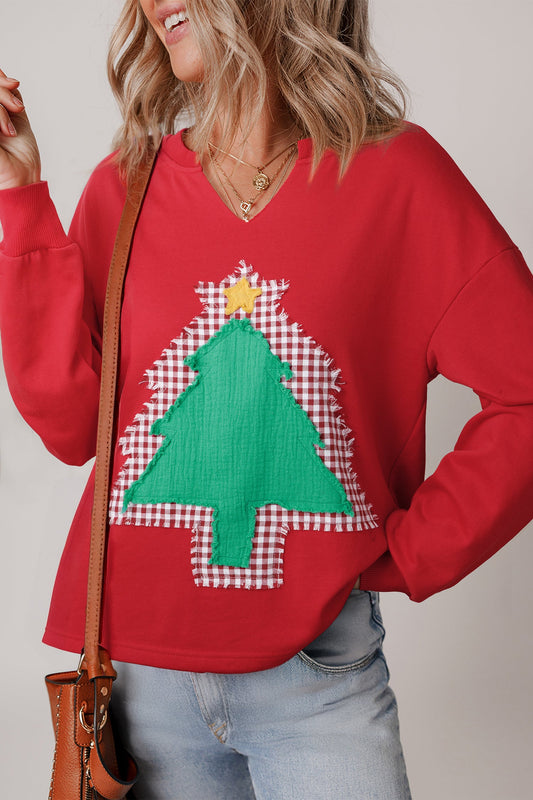 Christmas Tree Plaid Patchwork Drop Shoulder Sweatshirt