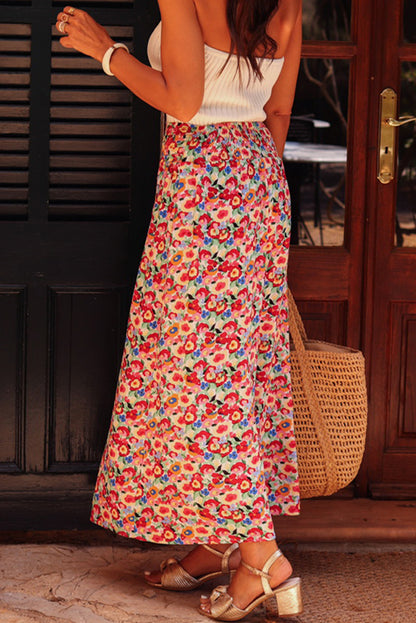 Red Floral Print Wide Waistband Side Slit Maxi Skirt Aaria Tees