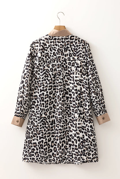 Leopard Stripe Collared Long Sleeve Flared Dress