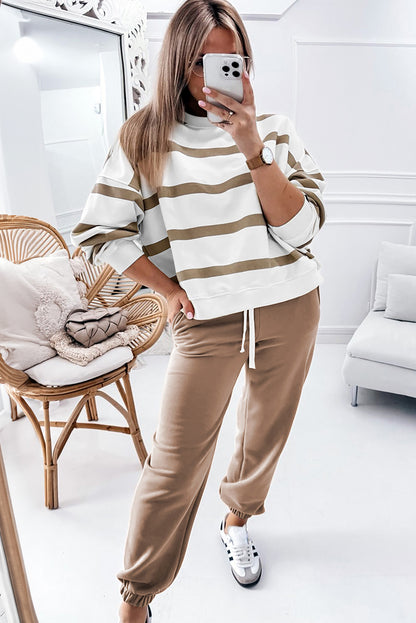 Brown Stripe Striped Drop Shoulder Pullover and Jogger Pants Set - Aaria Tees