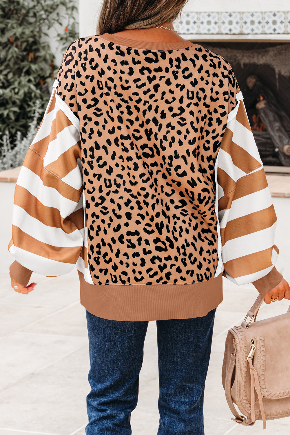 Purple Stripe Color Block Patchwork Leopard Casual Sweatshirt with Slits