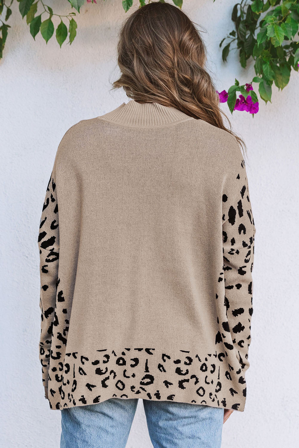 Sarai Leopard High Neck Side Slit Oversized Sweater - Aaria Tees