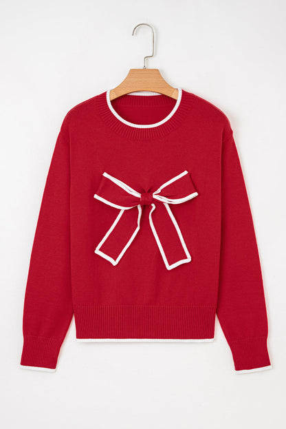 Bow Contrast Trim Long Sleeve Cropped Christmas Sweater