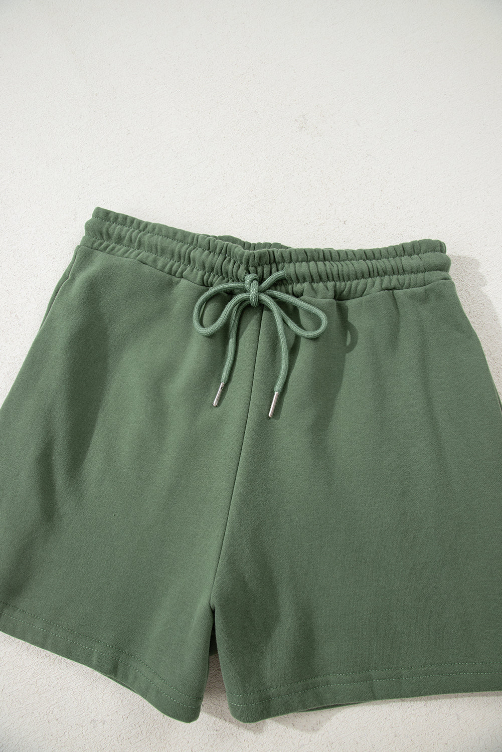 Mist Green Button Drawstring Hooded Pullover and Casual Short Set
