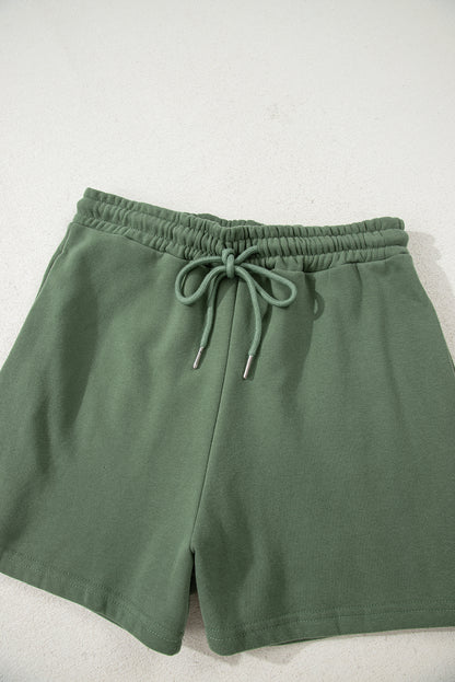 Mist Green Button Drawstring Hooded Pullover and Casual Short Set