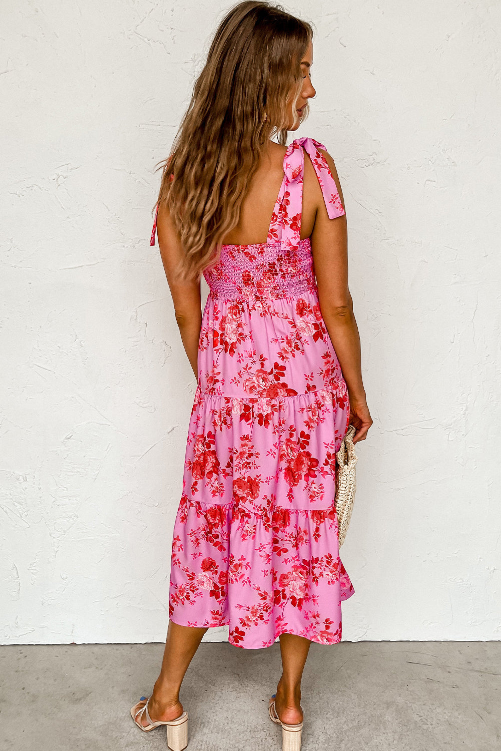 Pink Tie Shoulder Straps Tiered Floral Dress Aaria Tees