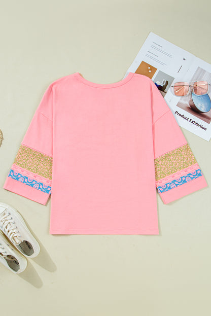 Gossamer Pink Floral Color Block Patchwork Long Sleeve Top