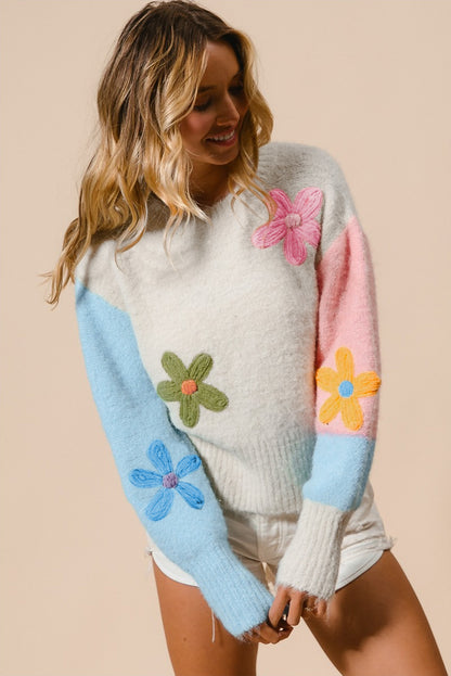 Multicolour Floral Embroidered Colorblock Fuzzy Drop Shoulder Sweater - Aaria Tees