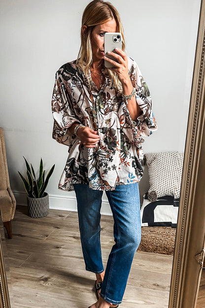 White Floral Print Balloon Sleeves Button Up Loose Casual Shirt Aaria Tees
