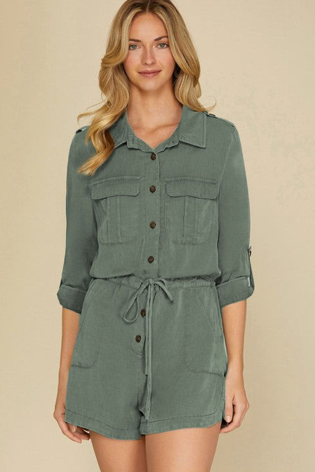 Reese Roll up Sleeve Flap Pockets Drawstring Romper Threaded Pear Aaria Tees