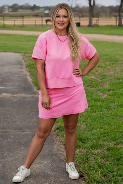 Pink Ribbed Drop Shoulder Tee and Skort Plus Size Set
