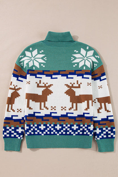 Christmas Reindeer Snowflake Colorblock Turtleneck Sweater