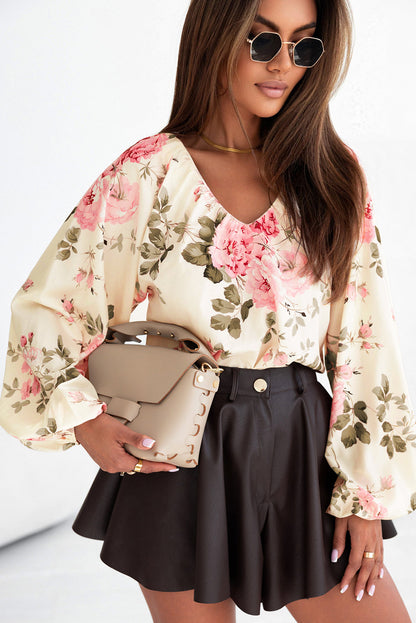 Beige Floral Print Lantern Sleeve V-Neck Blouse Aaria Tees