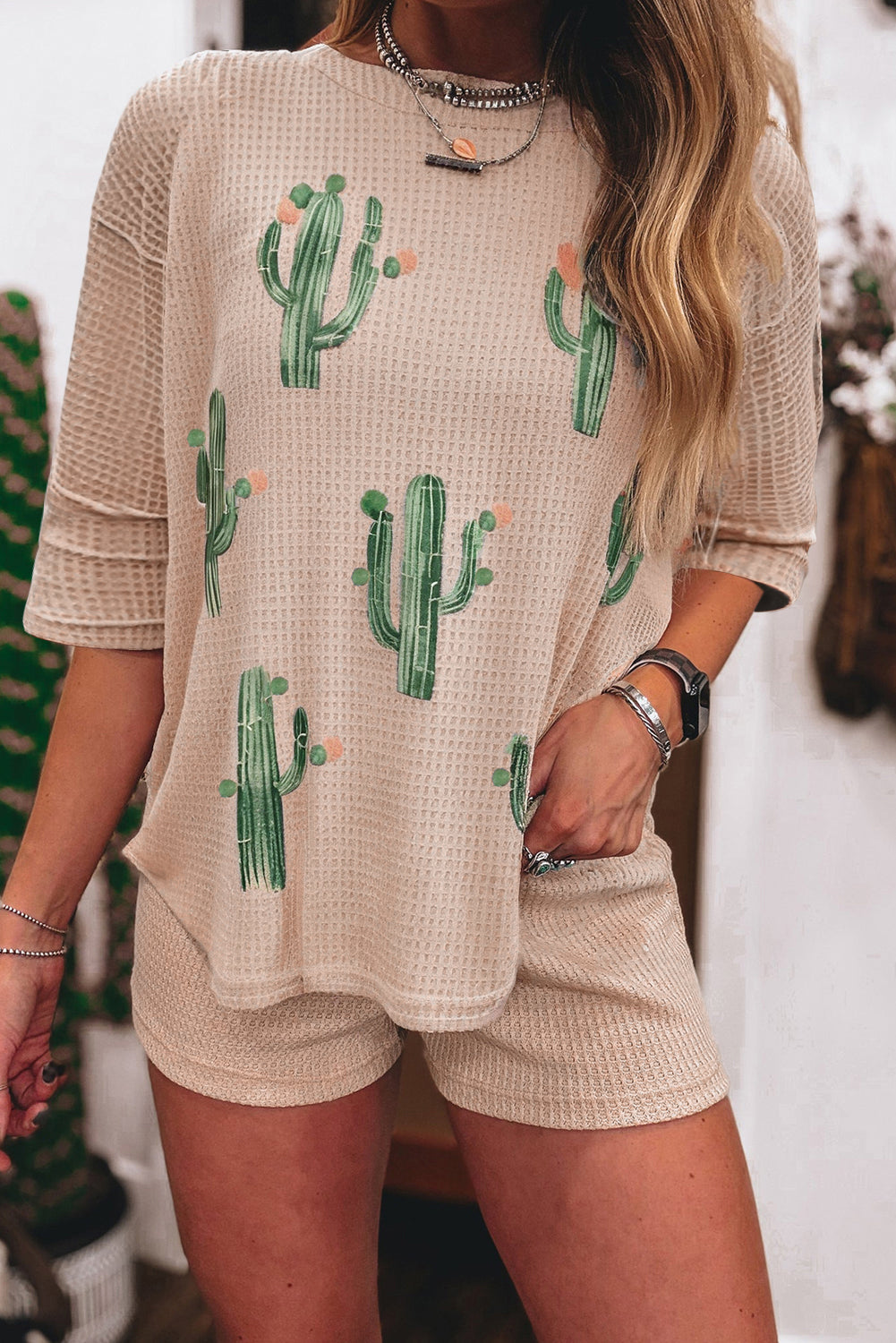 Light French Beige Cactus Forest Waffle Half Sleeve Tee Short Set