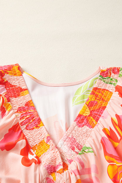 Beige Floral Print Smocked Detail V Neck Puff Sleeve Flowy Maxi Dress