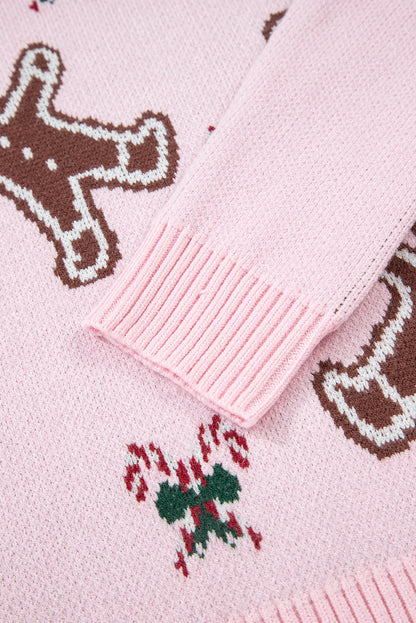 Pink Christmas Ginger Bread Man Print Round Neck Casual Sweater