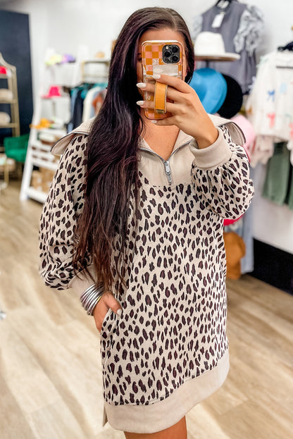 Khaki Leopard Print Zip up Collar Patchwork Shift Mini Dress