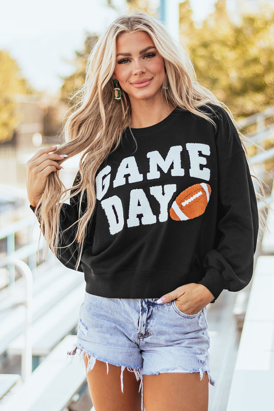 Black GAME DAY Graphic Varsity Pullover Sweatshirt - Aaria Tees