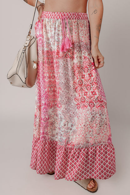 Red Boho Pattern Print Tassel Drawstring High Waist Maxi Dress Aaria Tees