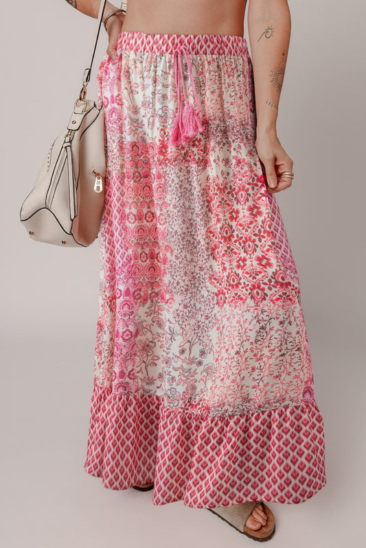 Red Boho Pattern Print Tassel Drawstring High Waist Maxi Dress Aaria Tees