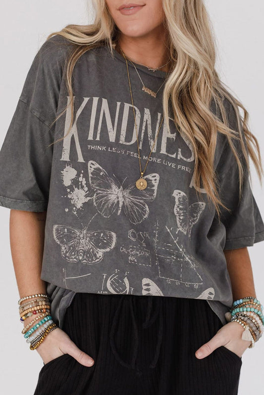 Dark Grey Kindness Butterflies Graphic Mineral Wash Loose Tee Aaria Tees