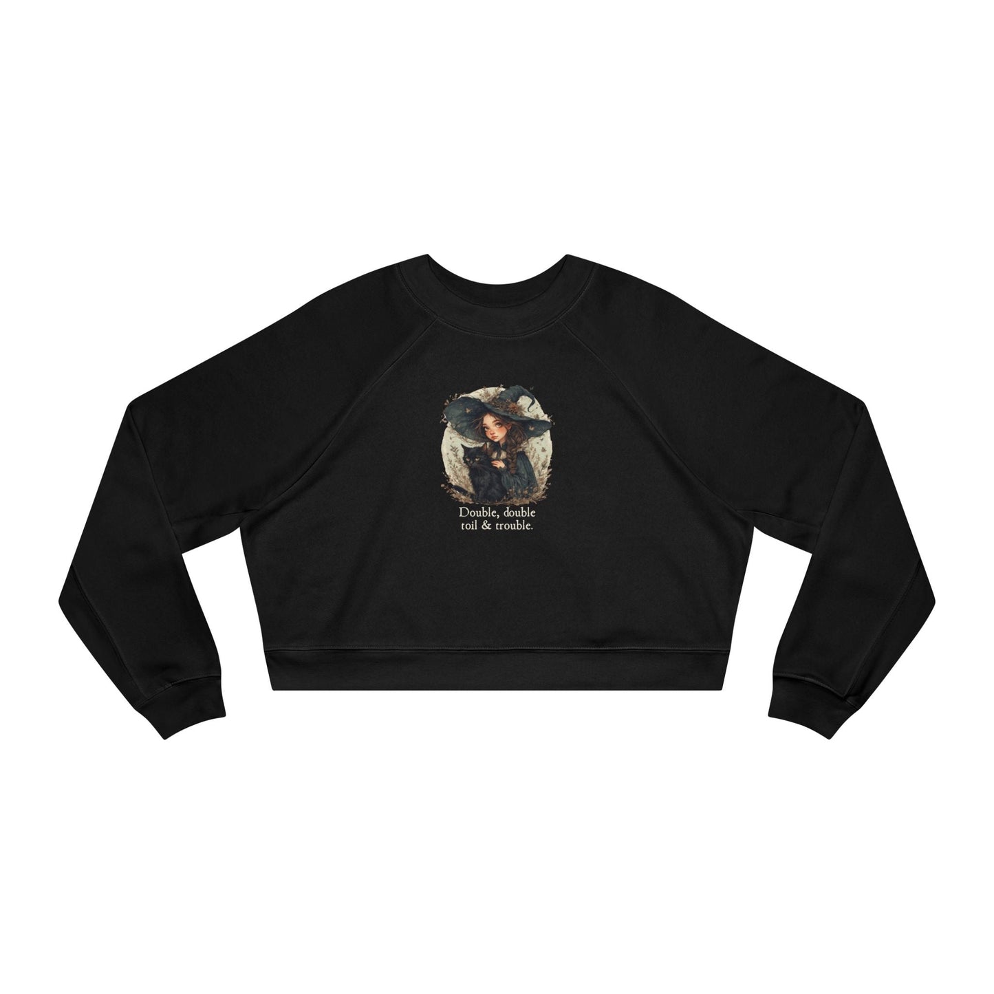 Cute Witchy Cat Lady Women's Halloween Cropped Pullover Sweatshirt