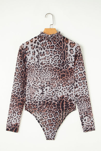 Leopard Mesh Smocked Neck Long Sleeve Bodysuit