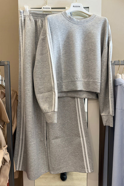 Oatmeal Varsity Striped Detail Cropped Pullover Wide Leg Pants 2pcs Outfit