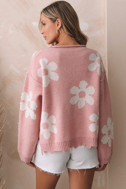 Bonbon Pearl Beaded Heart Drop Shoulder Sweater