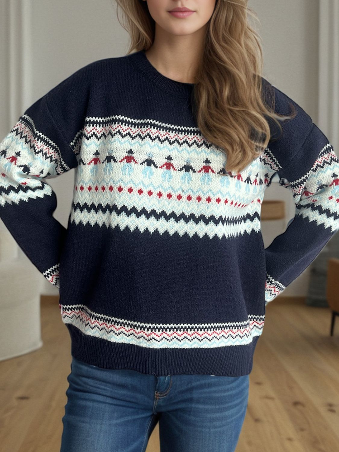 Contrast Round Neck Dropped Shoulder Sweater