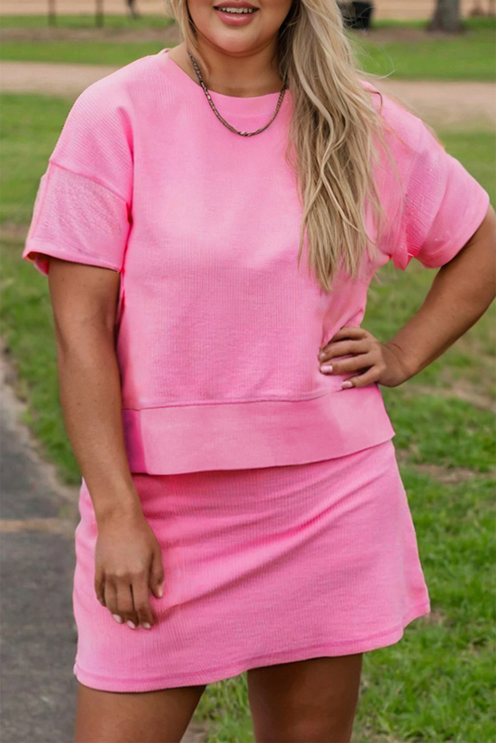 Pink Ribbed Drop Shoulder Tee and Skort Plus Size Set