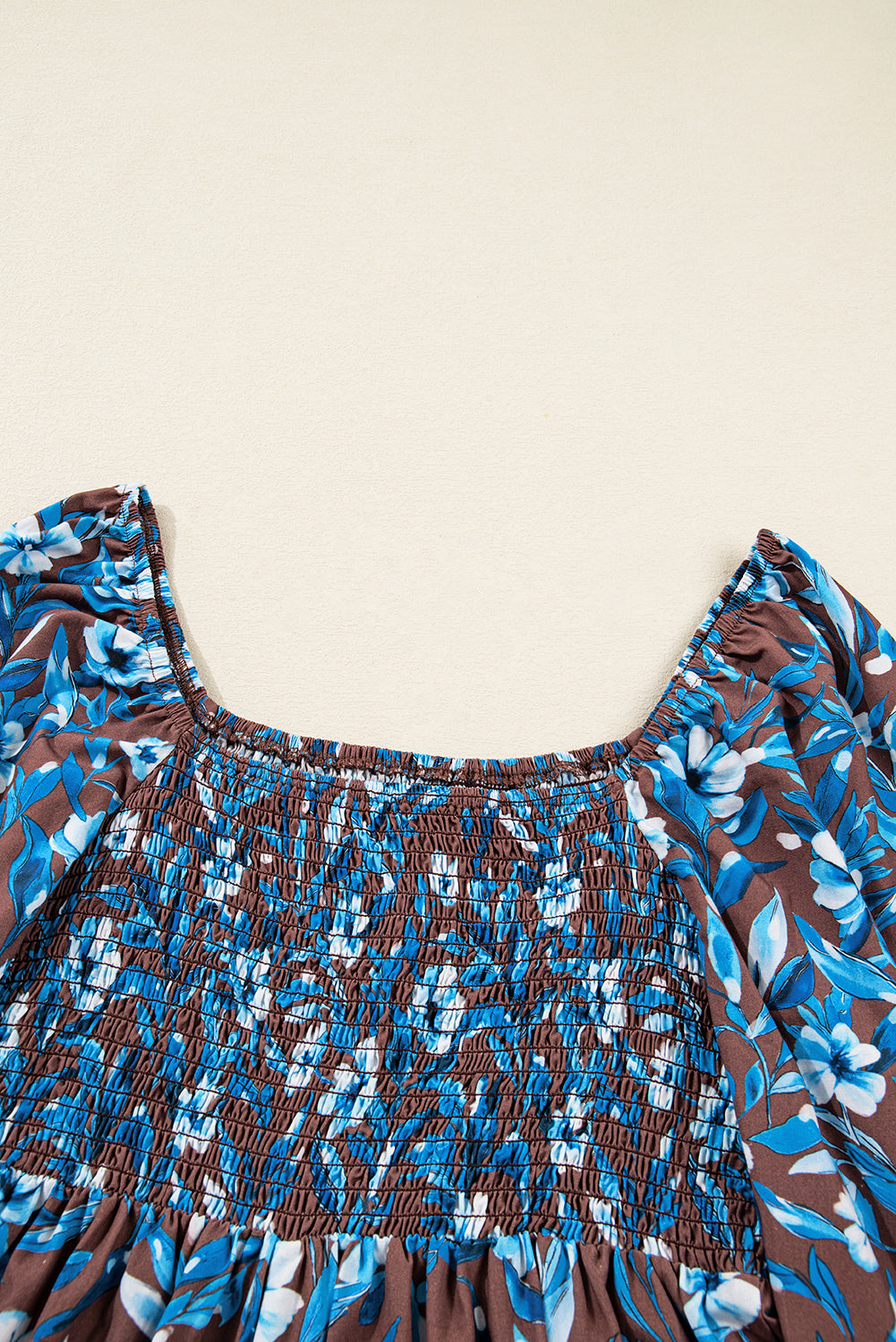 Blue Smocked Bodice High Waist Ruffled Sleeve Floral Dress