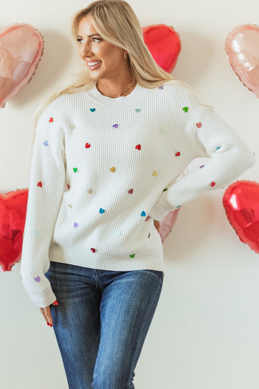 Beige Sequin Heart Shape Waffle Knit Round Neck Sweater - Aaria Tees