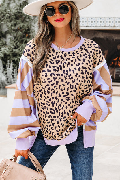 Leopard Stripe Colorblock Patchwork Sweatshirt
