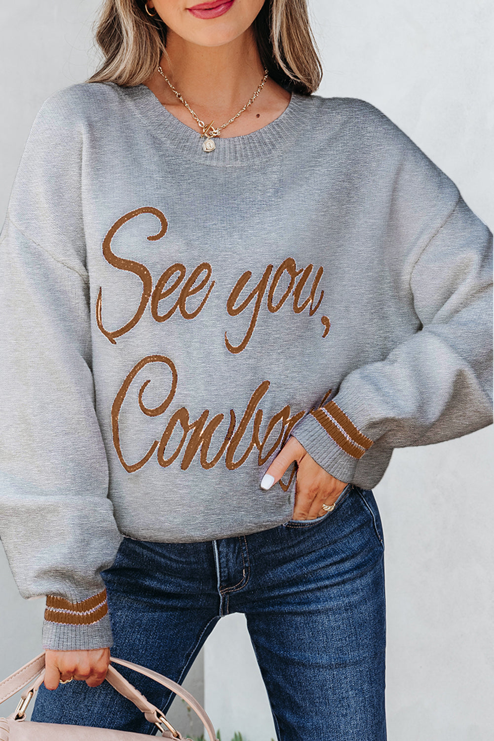 Coffee See You Cowboy Embroidered Western Graphic Sweater