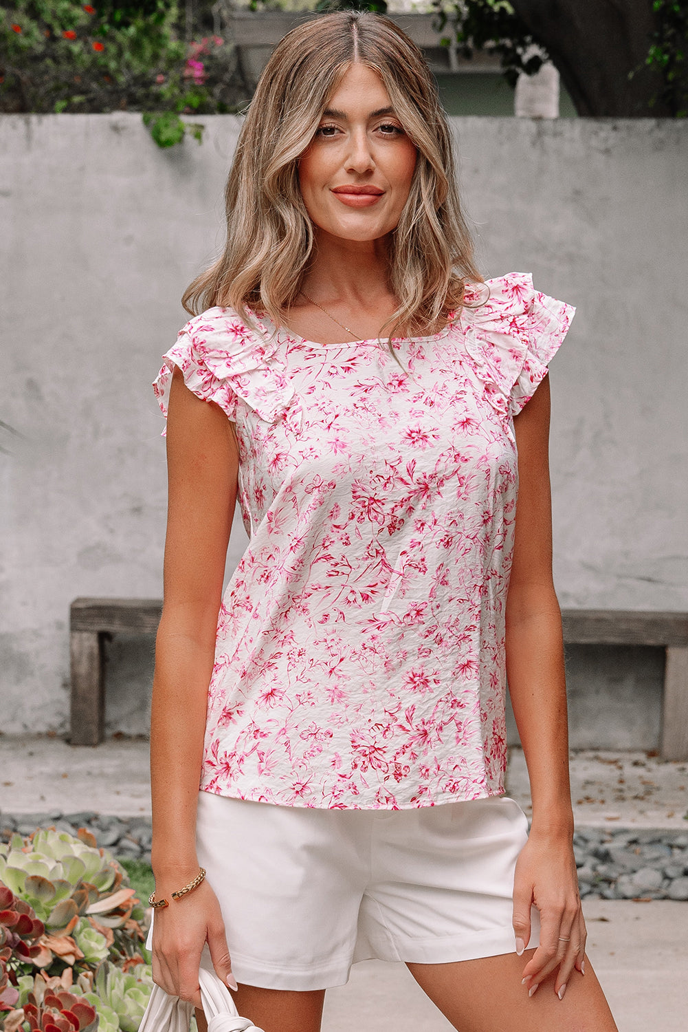 Sky Blue Floral Ruffled Short Sleeve Bow Back Square Neck Blouse