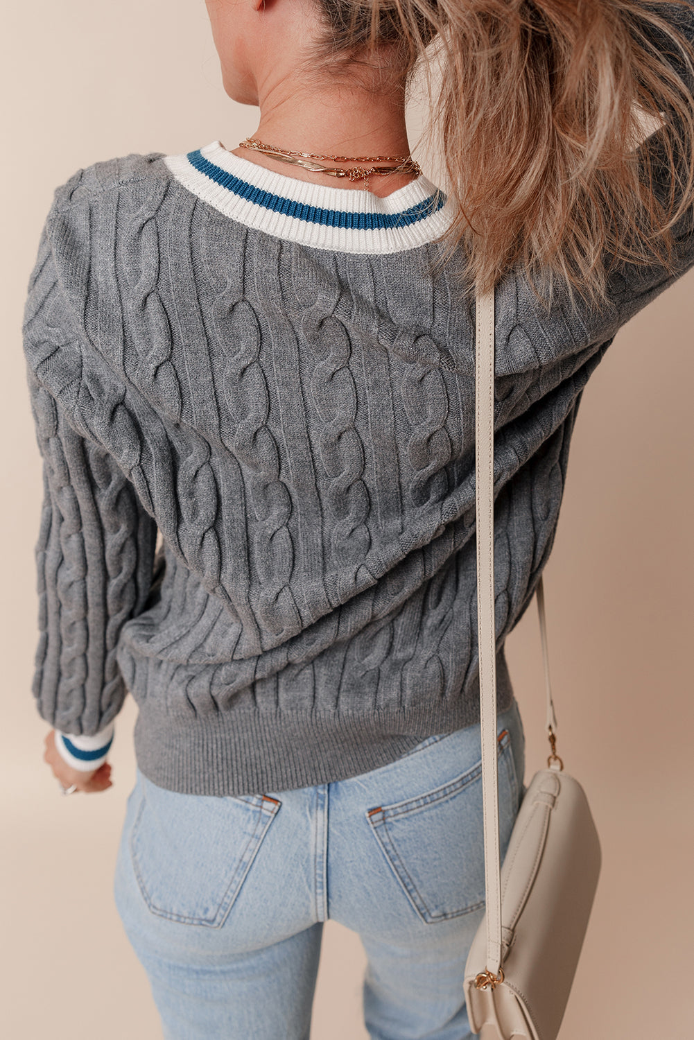 Kayle Ribbed Edge Cable Knit V Neck Sweater Threaded Pear